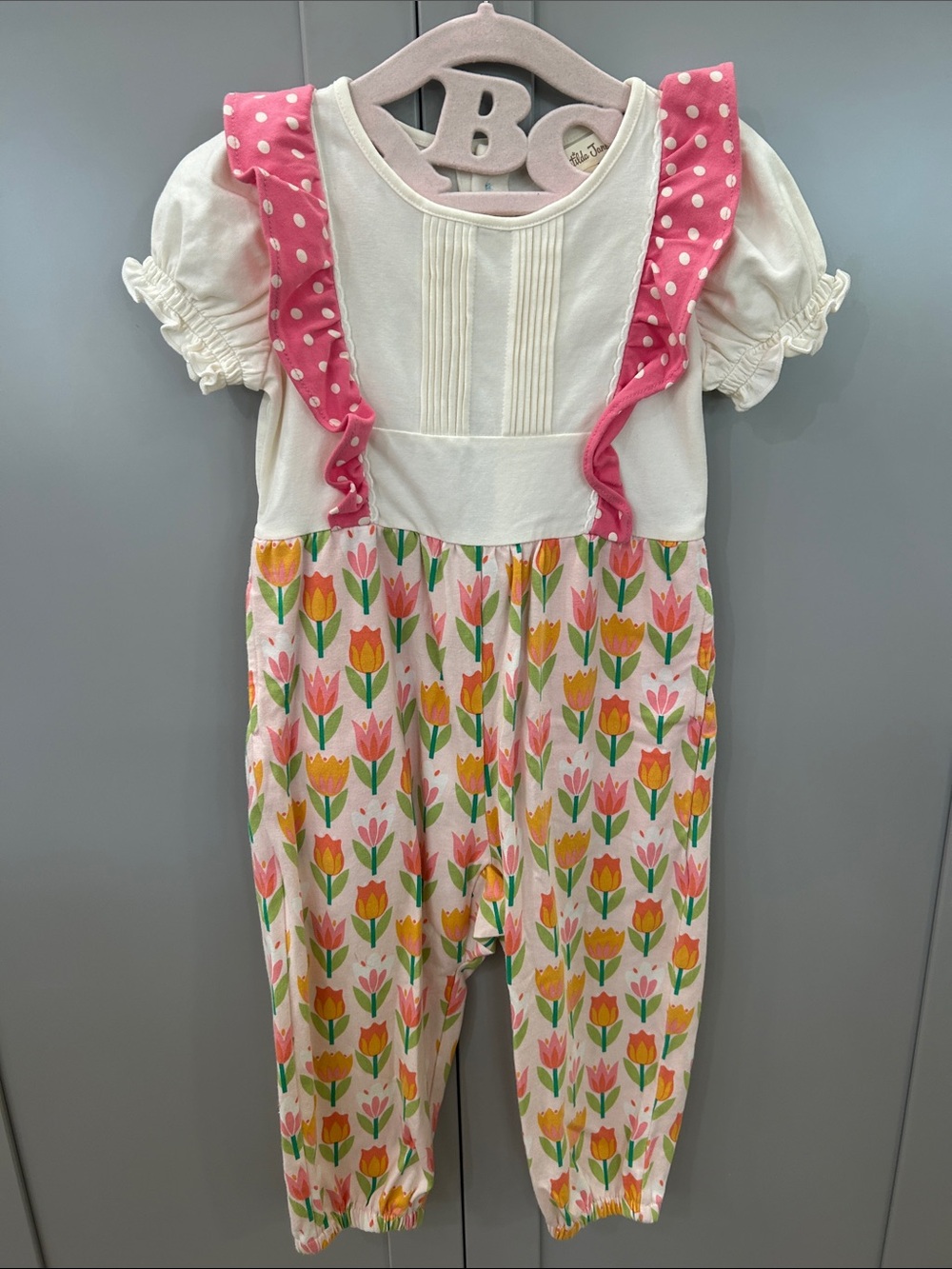 Matilda Jane Girls Tulip Flower Pink Polka Dot Ruffle Jumpsuit Romper 18-24M